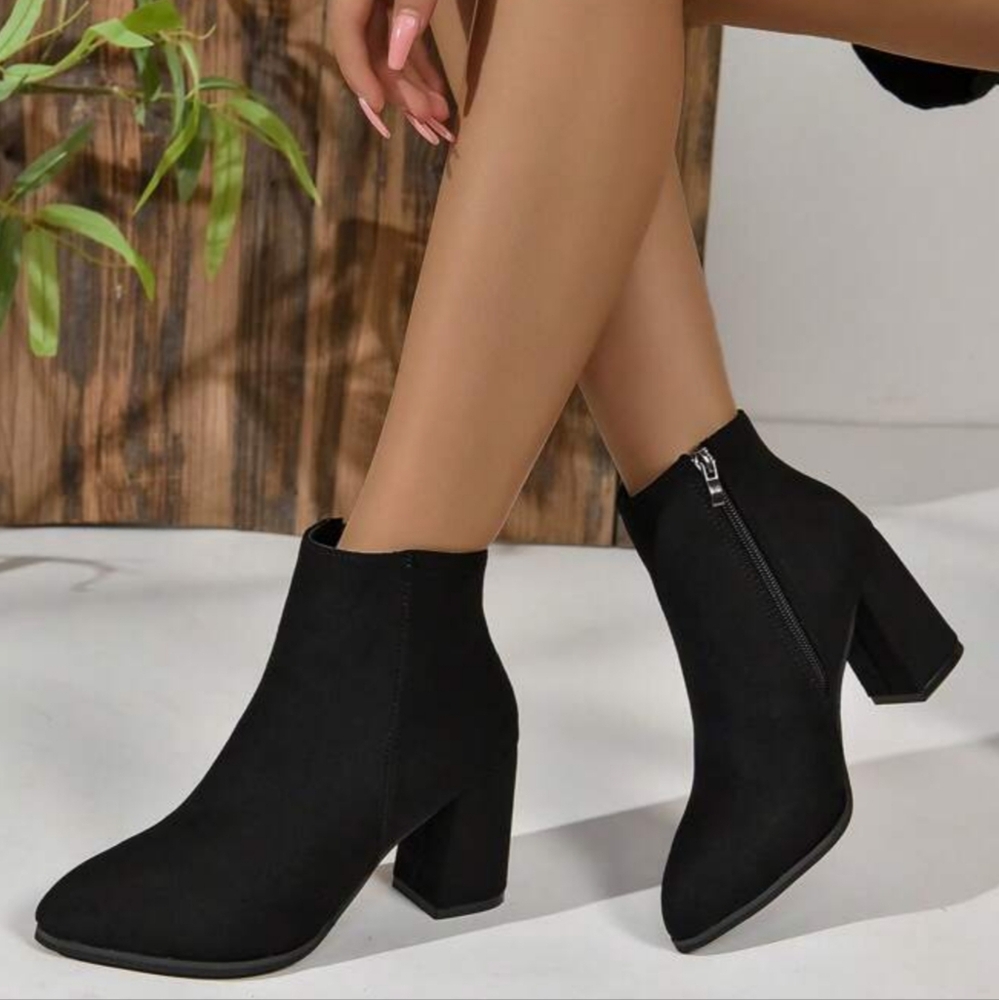 SHEIN Ankle Boots Womens 10 Black Faux Suede Block Heel Side Zip Booties